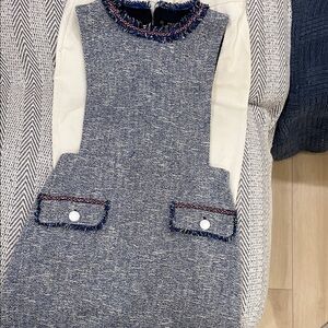 Zara Blue and Cream apron Tweed Dress with Frayed Detail